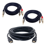 Kit 2 Cabos P2 Estéreo X 2 Rca Audio 5 Mt + 1 Cabo Hdmi 5 M