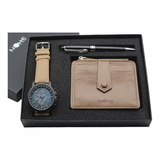 Set Reloj Hombre Cartera Tarjetero Pluma Elegante Color De La Correa Café/negro