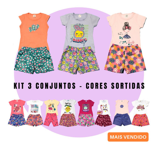 Shorts + Camisetas Menina Lindos Preço Atacado C/3 Conjuntos