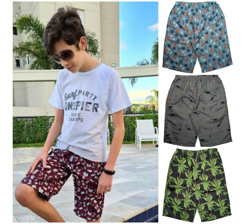 Kit 3 Bermudas Tactel Juvenil Menino Shorts Verão