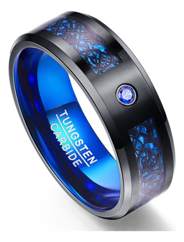 Anel Masculino Preto E Azul Dragão Diamante Cz Tungstênio 