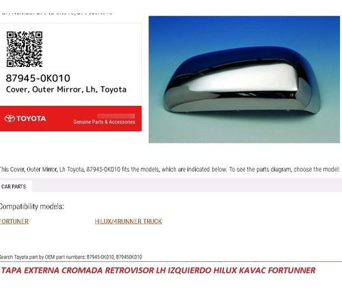 Tapa Retrovisor Izquierda Fortuner Hilux Kavak Original  Foto 2