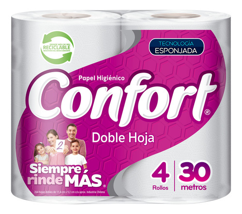 Confort Papel Higiénico Doble Hoja 4 Rollos / 30 Metros C/u