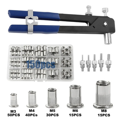 150 Piezas M3-m8, Tuerca Remaches Roscados, Tuerca Inserto，Kit de remachadora manual de 150 piezas, incluye remachadora de tuercas, kit de tuercas remachables roscadas,juego de tuercas remachables | Envío gratis