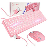 Kit Mouse Y Teclado Gamer Rosa Usb Con Luz Led Para Pc Lap