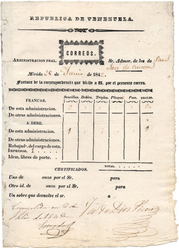 Mérida Venezuela Factura Antigua De Correos 1842