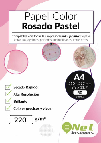 Opalina Lisa Color Rosado Pastel A4 220gr A4 Doble Faz 50h