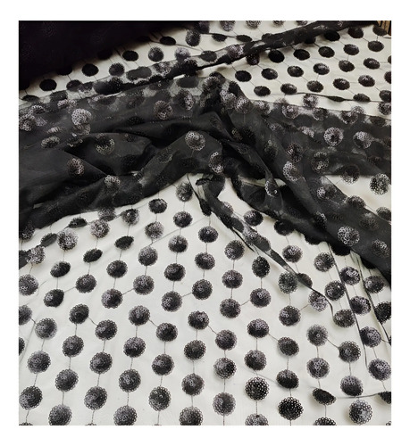 Tecido Tule Bordado Com Paete Preto