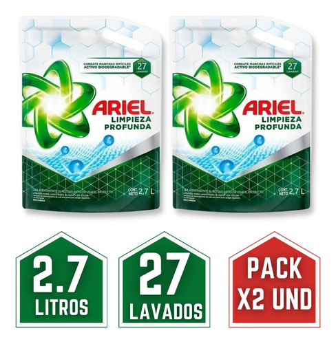 Detergente Liquido Concentrado Ariel 2.7 Litros Pack X2