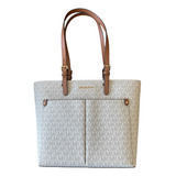 Bolsa Tote Michael Kors Monograma Medium Double Pocket Acabado De Los Herrajes Dorado Color Beige Color De La Correa De Hombro Marrón Diseño De La Tela Monogramas