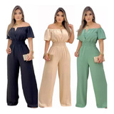 Macacão Feminino Longo Pantalona Crepinho Ombro A Ombro Luxo