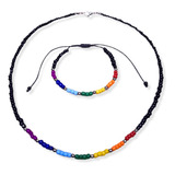 Conjunto Collar Pulsera Mostacillas Colores 7 Chakras Acero