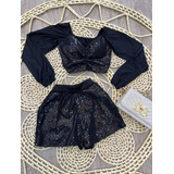 Conjunto Plus Cropped Manga Princesa +short Saia Paetê 