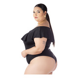 Body Preto Feminino + Short Praia Plus Size De Banho Tactel 