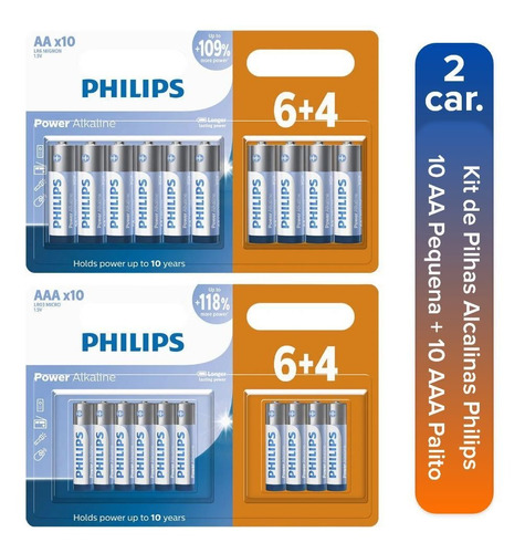 Kit 20 Pilhas Alcalina Philips 10 Aa Pequena + 10 Aaa Palito