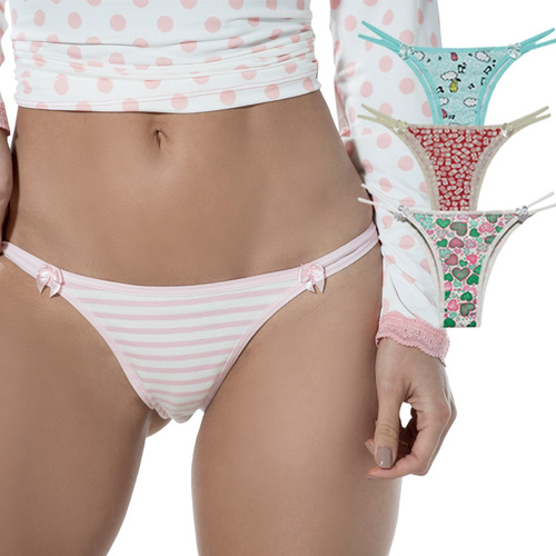 Kit Calcinha Tanga Estampada Duas Tiras Cotton Tiê Lingerie