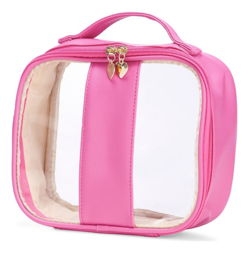 Necessaire C Alça Transparente Impermeável Organizador Bolsa Cor Rosa-escuro