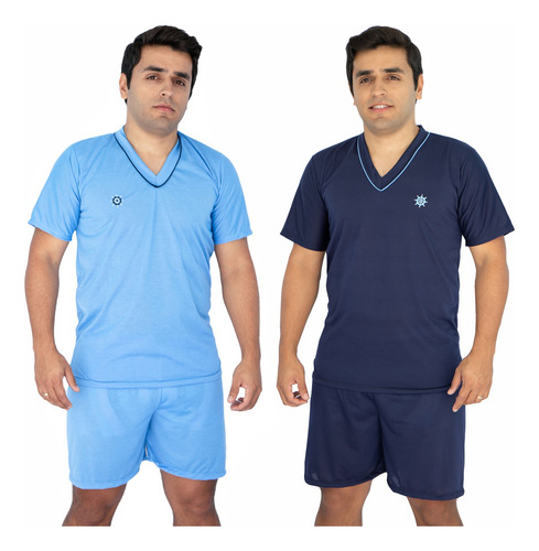 Kit 2 Pijama Masculino Camisa Gola V Short Curto Calor Verão