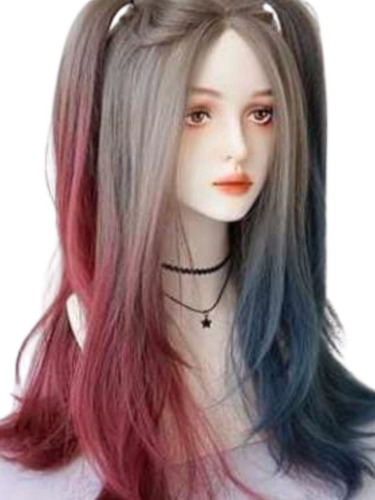 Peruca Wig Arlequina Rosa Azul Cinza Cosplay Premium 50cm