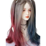 Peruca Wig Arlequina Rosa Azul Cinza Cosplay Premium 50cm