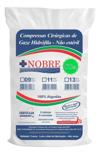 Nobre Slim 13 Fios Compressas De Gazes Pacote Com 500 Unidades 240gr Algodão 7.5x7.5cm