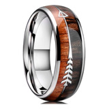 Anel Flecha Tungstênio 8mm Prata Madeira Masculino Feminino