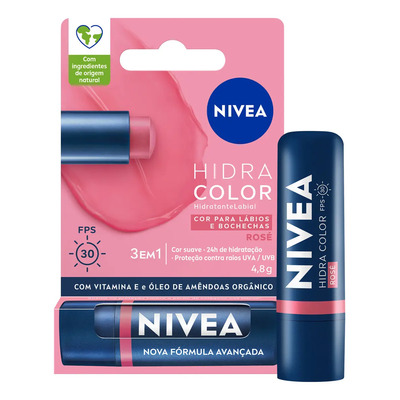 NIVEA Hidratante Labial Hidra Color 3 em 1 Rosé 4,8g, Cor Intensa, Hidratação 24h, Proteção UVA\u002FUVB, Lábios e Bochechas | Frete grátis