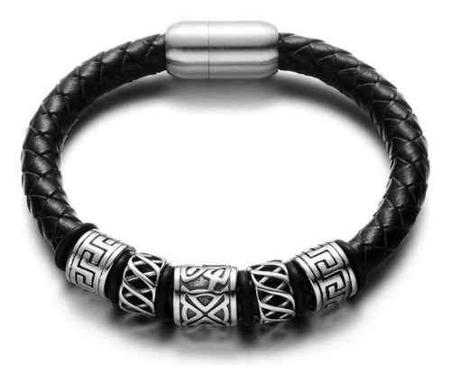 Pulseira Executiva Couro Preta Maori Viking Tribal Fecho Imã