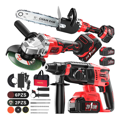 Kits De Taladro Rotomartillo Y Esmeriladora Angular Y Motosierra Inalámbrica FAGHTO 3500W Martillo Rotomartillo Cincelador Perforador Industrial SDS-PLUS Inalámbrica Con 2 Baterías 21V 8.0Ah-(8000mAH) | Envío gratis
