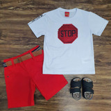 Conjunto Verão Stop Bermuda Vermelha Infantil Menino Roupa