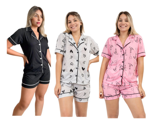 Kit 3 Conjuntos Americano Pijama Aberto Botões Short Verão