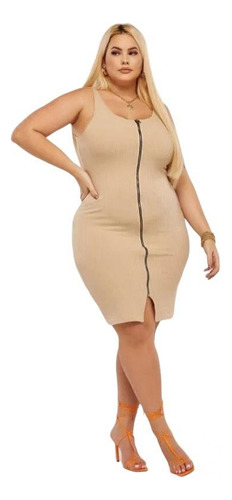 Vestido Plus Size Canelado Premium Com Detalhes De Zíper 