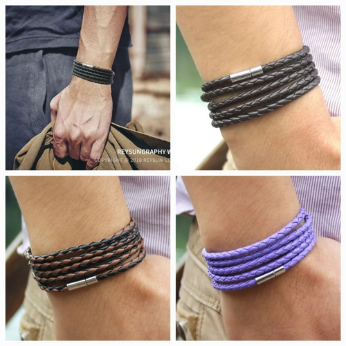 Pulsera De Hombre Cuero Pu Colores Brazalete Trenzado