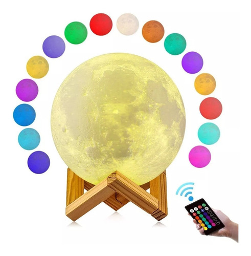 Lampara 3 D Luna 15cm - Recargable - 16 Colores 