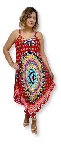 Vestido Indiano Trapézio Alça Estampa Manda Flores Plus Size