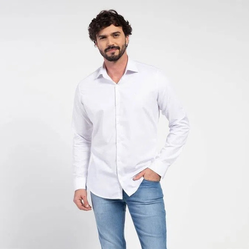 Camisa Social Masculina Branca Tecido Maquinetada Docthos