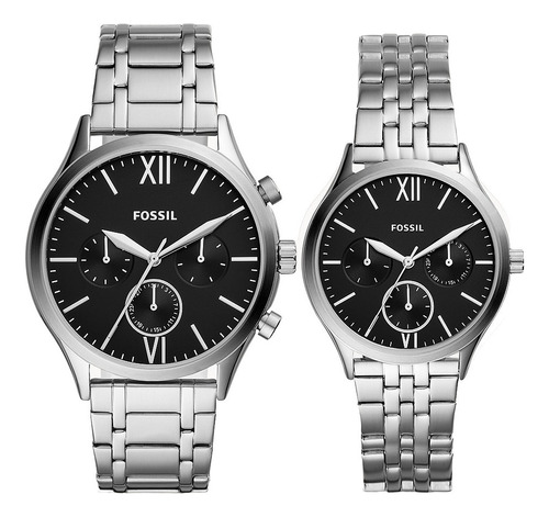 Set De Relojes Para Parejas Marca Fossil Original Silver Color De La Correa Plateado Color Del Fondo Negro