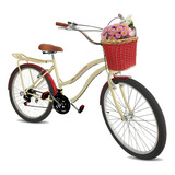 Bicicleta De Passeio Maria Clara Bikes Passeio Aro 26 17  18v Freios V-brakes Câmbios Yamada Cor Bege/vermelho Com Descanso Lateral