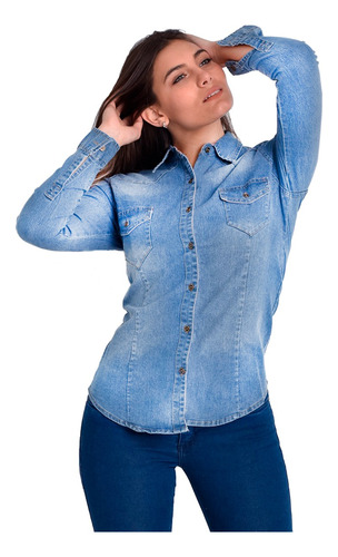 Camisa Jeans Elastizado Mujer Azul Talles Especiales