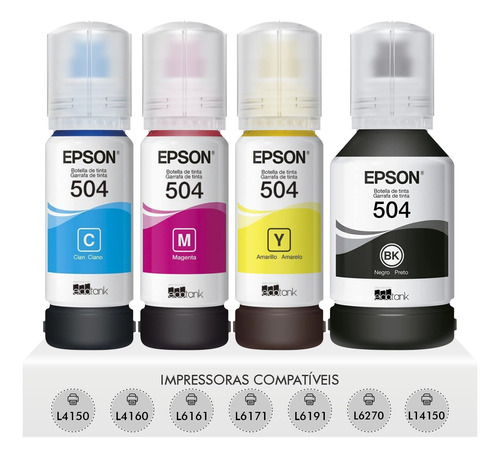 Kit 4 Refil Tinta T504 Epson L6161 L4150 L4160 L6191 L6171