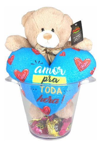 Kit Urso Pelucia Balde Gelo Almofada Coração Amor Toda Hora