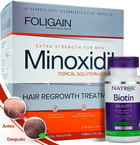 Minoxidil 5%  + Biotina Natrol 10,000 Mcg 100 Tabs