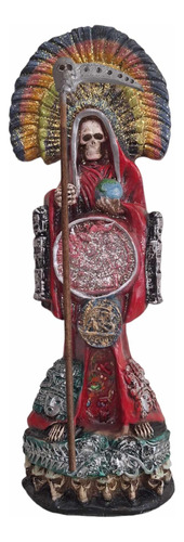 Figura Santa Muerte Azteca Con Penacho Curada 40 Cm Resina 