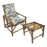 Jogo C/ 1 Cadeiras Poltrona Bambu + Mesa Centro Imperdível Cor Conj 1 Cadeiras +mesa C/ Almofadas Bege Com Flores Azul