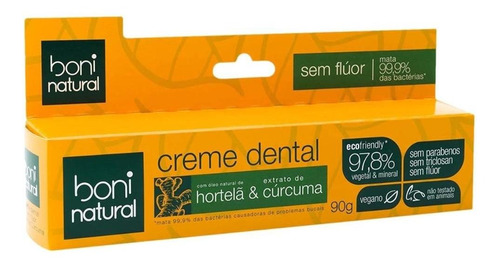 Creme Dental Natural Hortelã E Cúrcuma Sem Flúor 90g - Boni