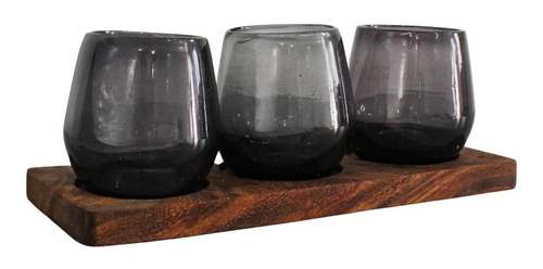 Set De 3 Vasos Con Base De Madera Parota De Vidrio Soplado