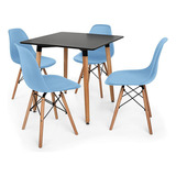 Mesa De Jantar Quadrada 80x80 Solo Preta + 04 Cadeiras Solo Cor Azul-claro