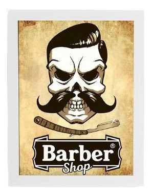 Quadro Barbearia Barber Shop Barbeiro Moldura Branca 60x40cm