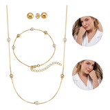 Conjunto De Perola E Bola Colar Pulseira Brinco Banhado Ouro