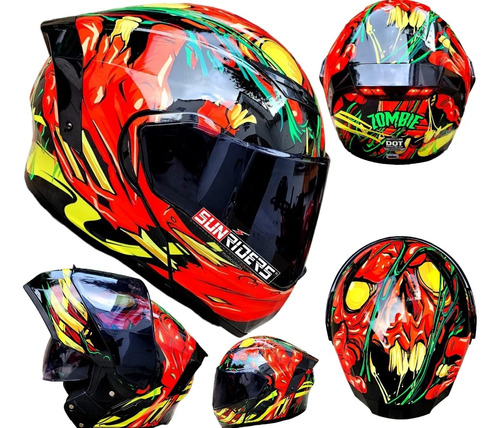 Casco Moto Kov Zombie Rojo Abatible Luz + Lentes Dot Dm Fz